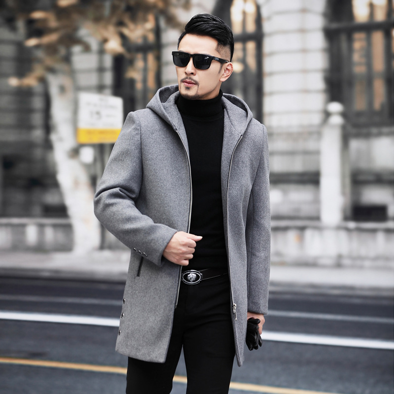 Mens Woolen Coat Men's Winter Fashion Warm Wool Jacket Coat Men Autumn Hooded Zipper Woolen Trench Jacket Male Clothes Outerwear