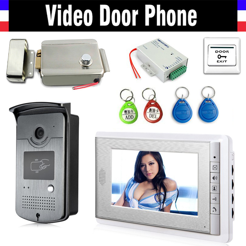 7" Screen Video Door Phone Doorbell Intercom System + Electric Lock+Alunimum pane Camera + Power Supply+ Door Exit+ ID Keyfobs