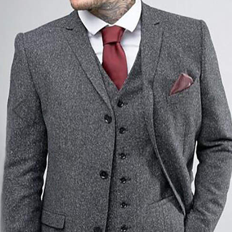 Grey Groom Wear Best Man Wear Tweed Tuxedos Wedding Dress Prom Dresses Business Suit костюм для жениха 3Piece(Jacket+Pant+Vest)