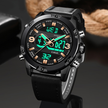LIGE New Fashion Sport Mens Watches Top Brand Luxury Analog Digital LED Watch Men Waterproof Leather Clock Relogio Masculino