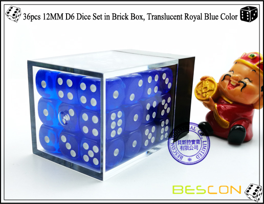 36pcs 12MM D6 Dice Set in Brick Box, Translucent Royal Blue Color-3