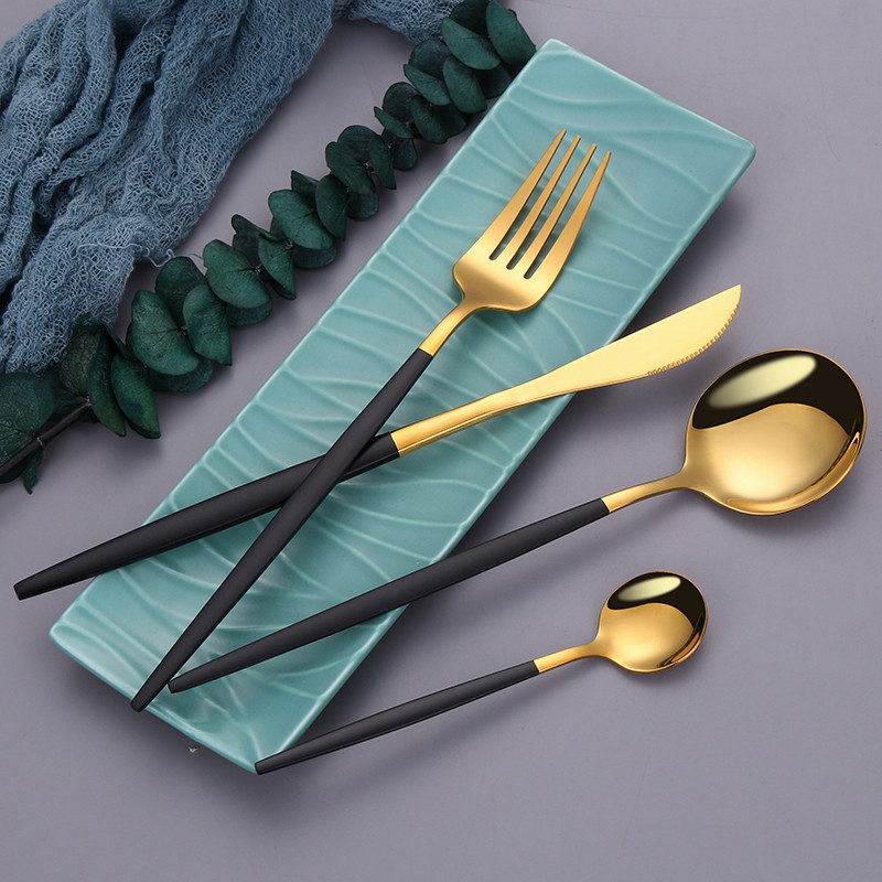 cutlery set black gold forks knives spoons stainless steel tableware 16pcs/set cutlery travel set flatware restaurant dinnerware