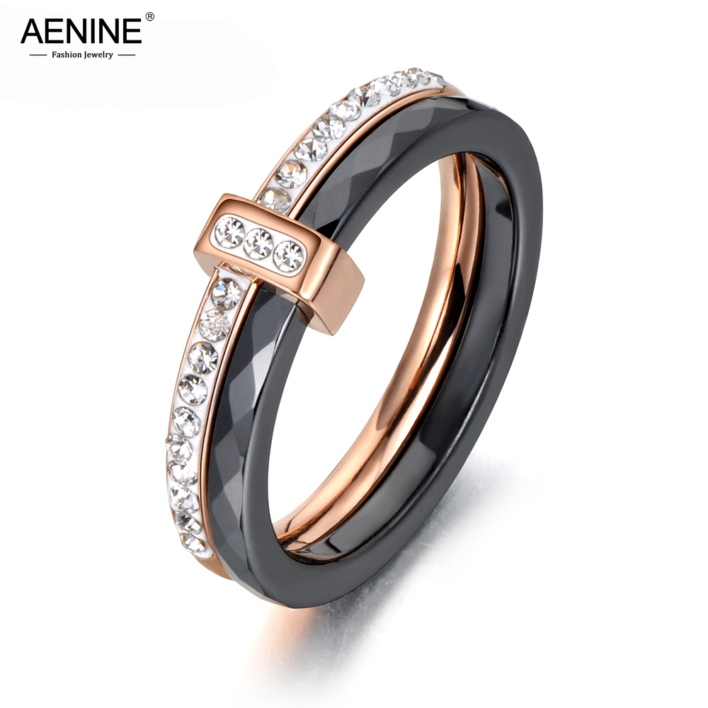 AENINE Fashion Black/White Ceramic Crystal Wedding Rings Jewelry For Women Girls Rose Gold Stainless Steel Bohemia Ring AR18054