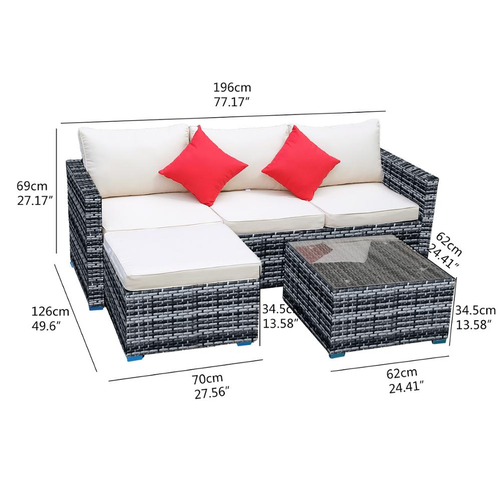 5pcs Outdoor Furnitures Patio Sectional Garden Sofa Set with Glass Coffee Table All-Weather PE Rattan Wicker Sets