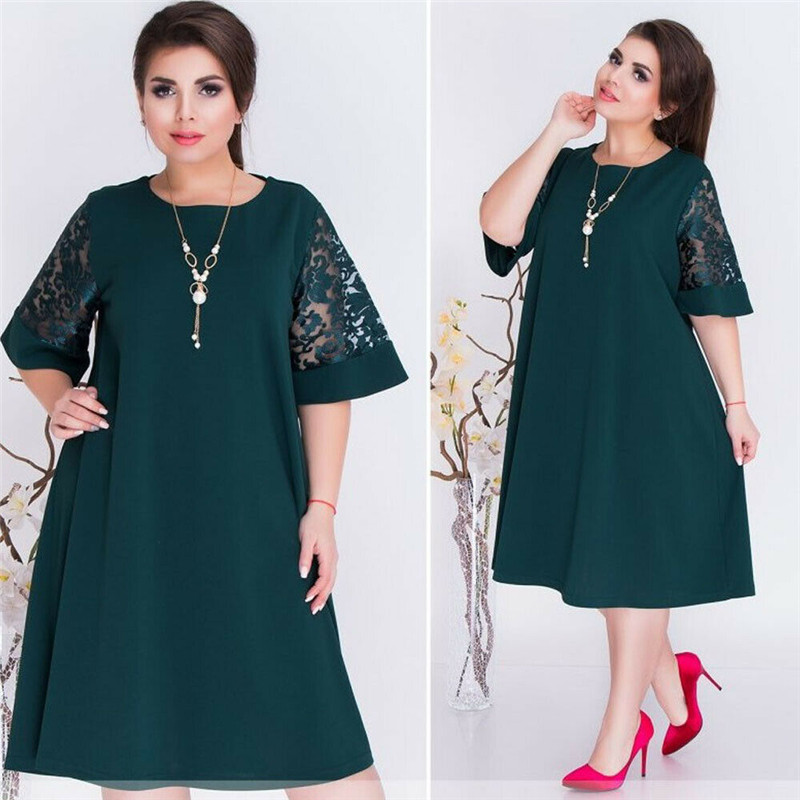 Hot Fashion Women Sexy Crew Neck Lace Short Sleeve Summer Dress Ladies Loose Casual Dresses Female Solid Color Dresses Plus Size
