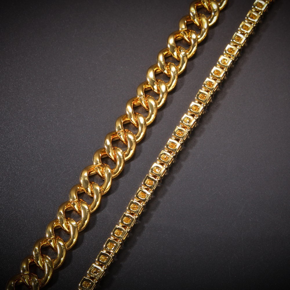 UWIN 2 Necklaces Fashion Hiphop Jewelry 13mm Cuban Link Chain With 5mm Iced Out Rhinestones Tennis Chains Gold Color Necklace