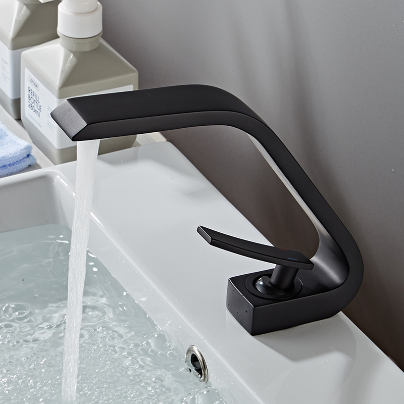 LANGYO Bathroom Sink Curved Basin Faucet Deck Mount Black Basin Faucets Single Handle Hot & Cold Mixer Water Taps Bathroom