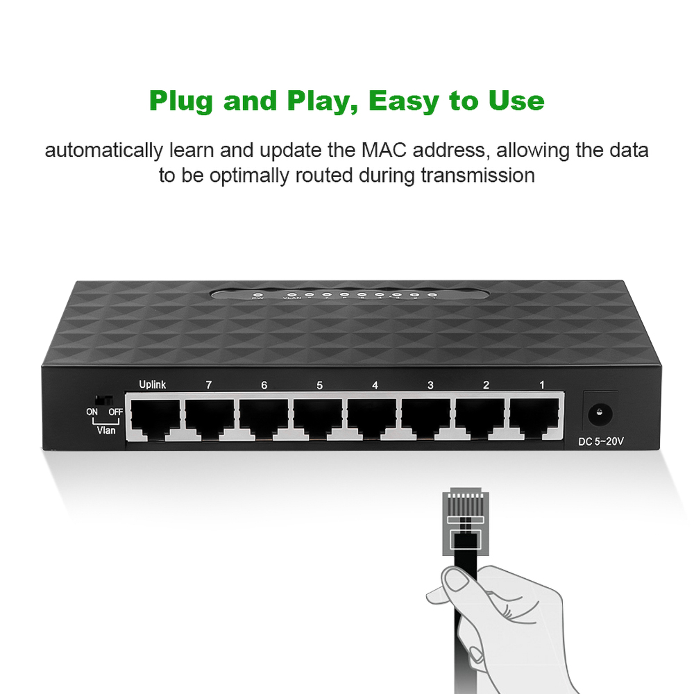 Newest 8 Ports High Speed Gigabit Network Switch 10/100/1000Mbps Ethernet Smart Switcher High Performance with DC Power Adapter