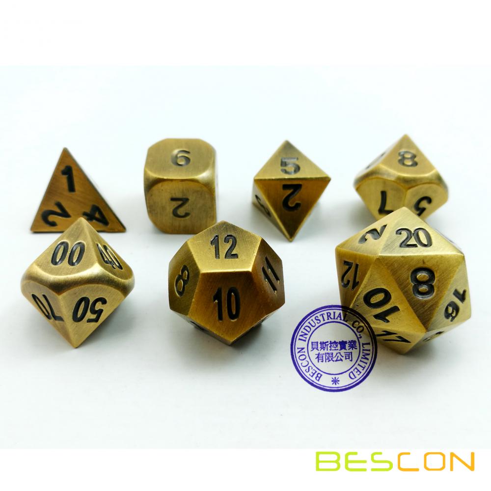 Bescon Brass Solid Metal Polyhedral D&D Dice Set of 7 Copper Metal RPG Role Playing Game Dice 7pcs Set