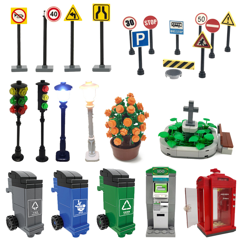 Creator City Telephone ATM Traffic Light Sign Trash Can Street View Bench Sets Toys For Children Kids Gifts City Building Blocks