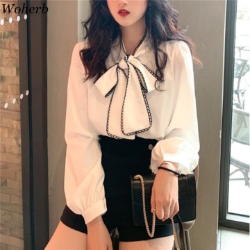 Woherb Women Long Sleeve Shirts White Blouses Vintage Korean 2020 Spring Sweet Bow Loose Ladies Blouse Office Lady Sweet 92066