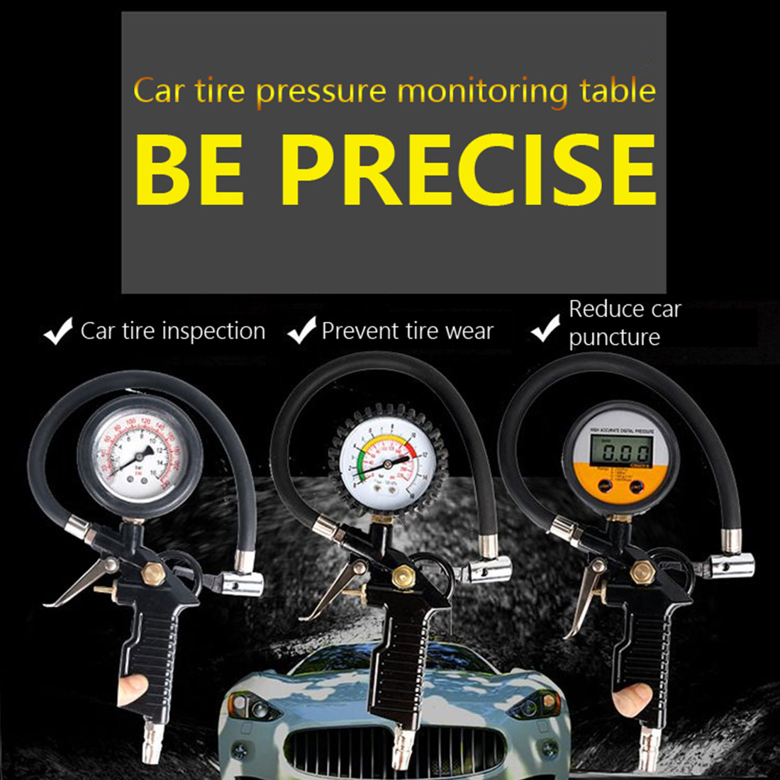 0-220 PSI 0-16Bar Air Tire Inflator Digital Car Tire Air Pressure Inflator Gauge Automobile Tire Pressure Monitor LCD Display