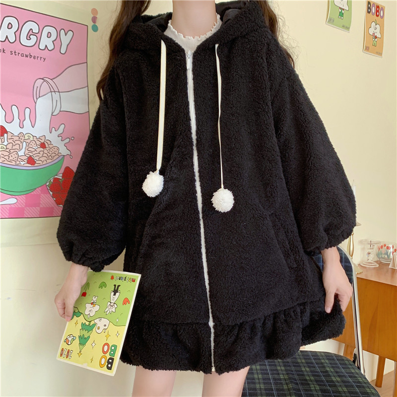 Japanese Style Autumn Winter Women Sweet Warm Jacket Kawaii Soft Lambswool Ruffles Rabbit Ears Hooded Coats Girls Parkas Outwear