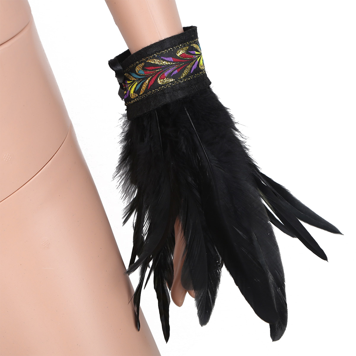 YiZYiF DIY Feather Wrist Cuffs Black Real Natural Dyed Rooster Feather Wrist Cuffs with Ribbon Ties for Game Party Halloween