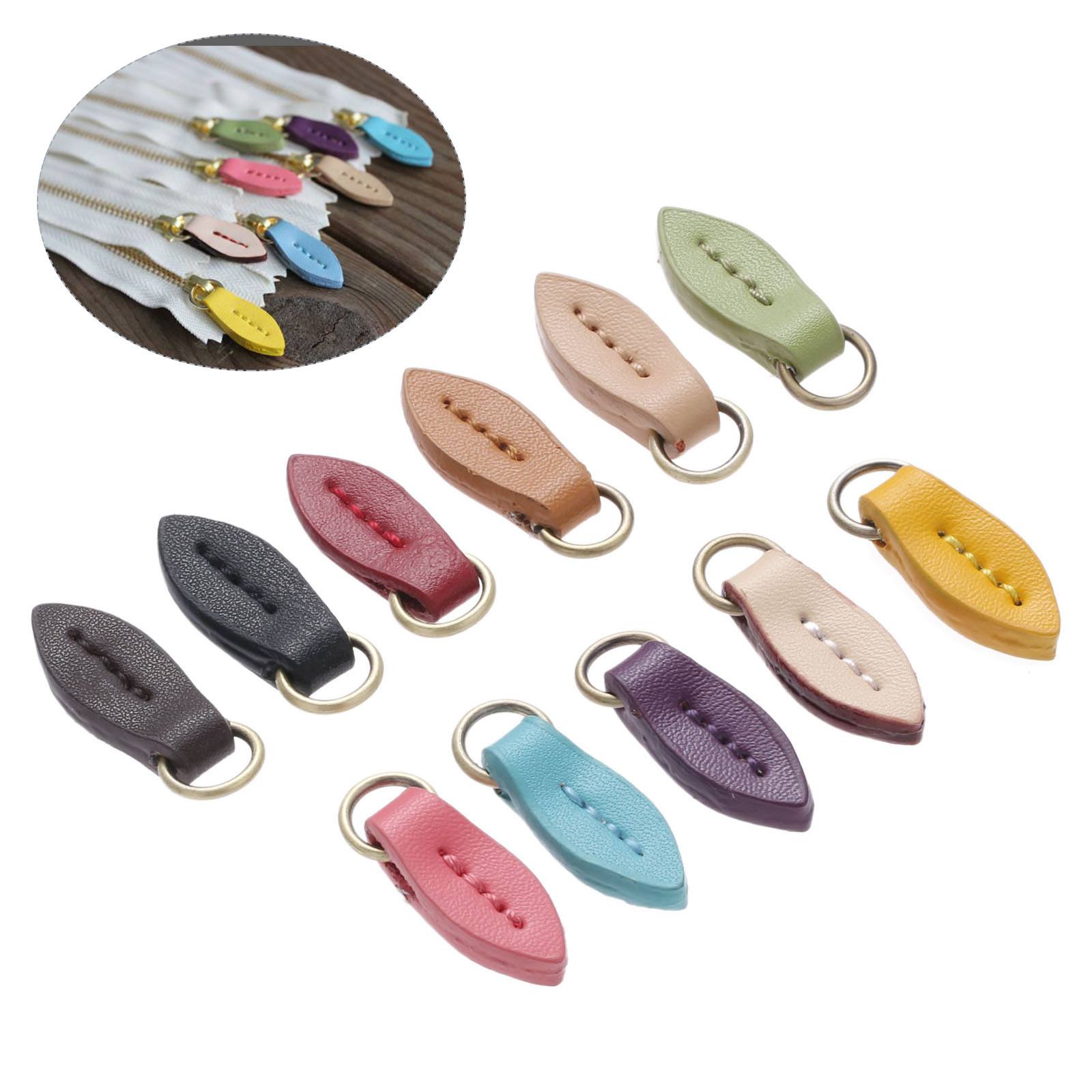 DRELD 5Pcs DIY Leather Zipper Sliders Pull Clothes O Ring Buckles Bag Shoes Zipper Puller Sliders for Sewing Crafts Fasteners
