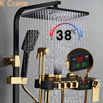 LED Shower Set Bathroom Thermostatic Digital Shower System Hot Cold Mixer Bath Faucet Square Spray Rainfall Grifo Smart Full Kit