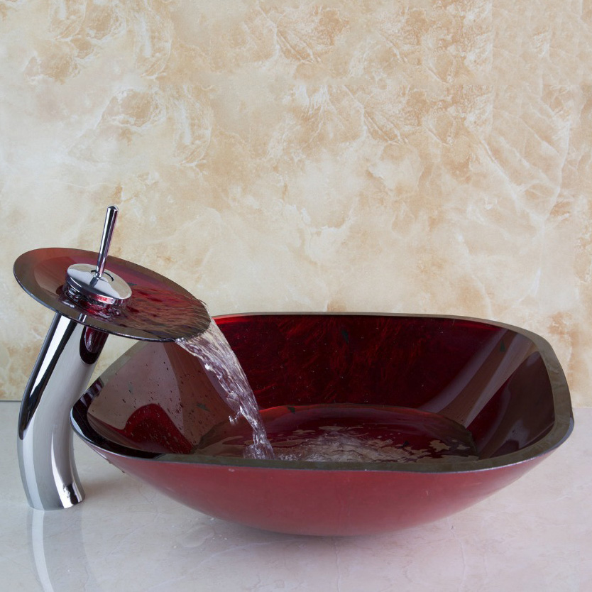 KEMAIDI Bathroom Art Round Washbasin Red Tempered Glass Vessel Sink With Waterfall Chrome Faucet Set With Pop Up Drain