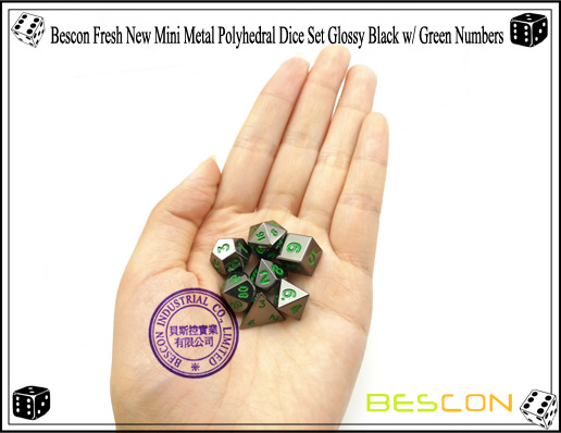 Bescon Fresh New Mini Metal Polyhedral Dice Set Glossy Black with Green Numbers-7