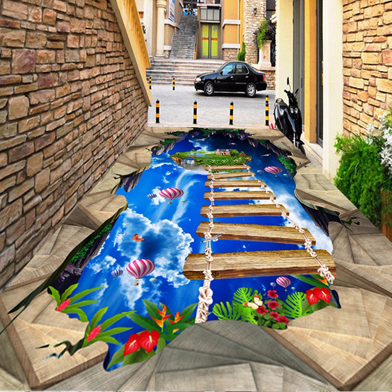 Custom Any Size PVC Photo Wallpaper 3D Blue Sky White Clouds Floor Mural Sticker Wooden Bridge Walkway 3D Floor Outdoor Painting