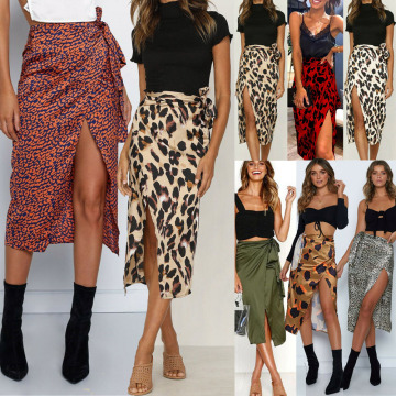 Women Fashion High Waist Bandage Long Leopard Print Skirt Summer Autum Holiday Casual Ruffle Wrap Sundress All-match Skirt