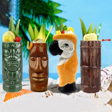 Tiki Mugs Set Ceramic Cocktail Mugs Glasses Drinks Cups Hawaiian Party Barware Easter Islander Bamboo Yellow Parrot Tiki Mug