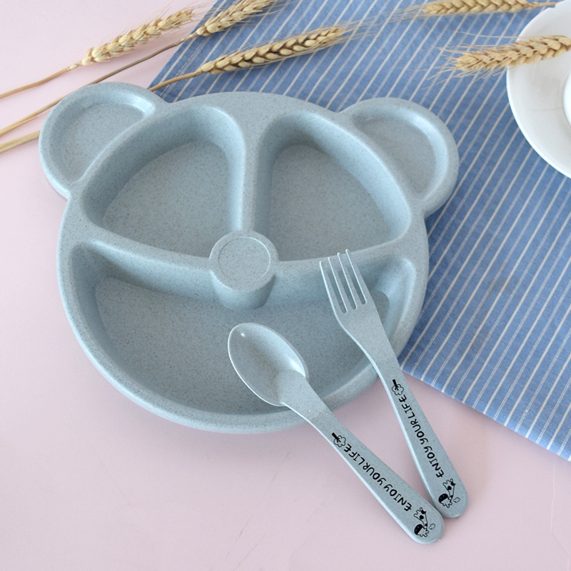 1 Set Baby Bowl+spoon+fork Feeding Dishes Tableware Cartoon Bear Kids Dishes Anti-hot Wheat Straw Eating Dinnerware Baby Plate