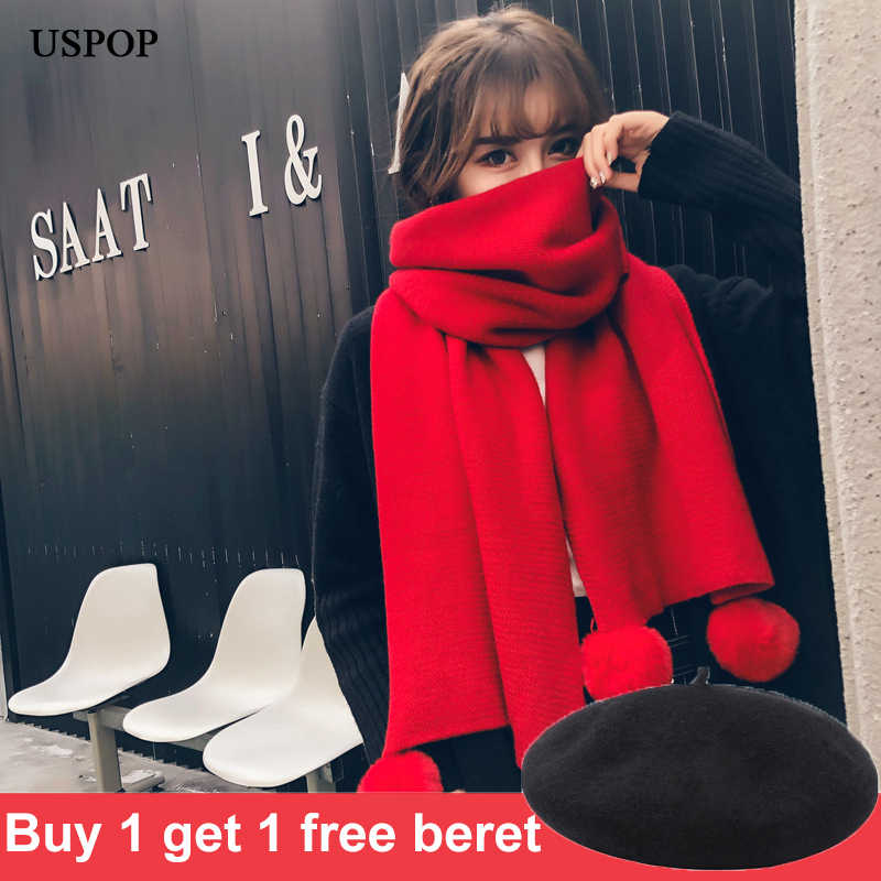 USPOP New winter scarf solid color pompoms women scarves soft warm knitted scarf female large shawl