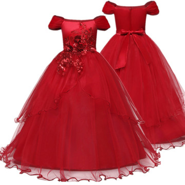 Flower Girl Dresses Gown Red Christmas Lace Long Wedding Pageant First Communion Dress for Big Girls Children Formal Wear 12T