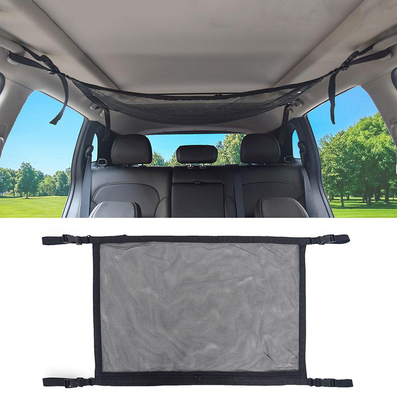 Car Ceiling Storage Bag Black Polyester Mesh Breathable Zipper Storage Bags Adjustable Auto Stowing Tidying Interior Accessories