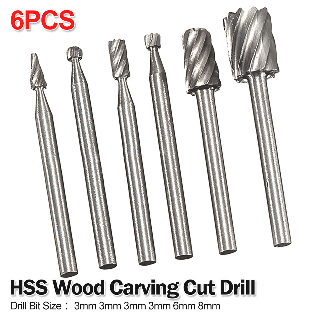 Rotary Tool 6pcs HSS Drill Bit Set Cutting Routing Grinding Bit Milling Cutter for Woodworking/Plastic 3mm 3mm 3mm 3mm 6mm 8mm