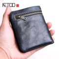 AETOO Mini purse men and women handmade leather ultra-thin soft leather wallet first layer leather wallet short zipper buckle