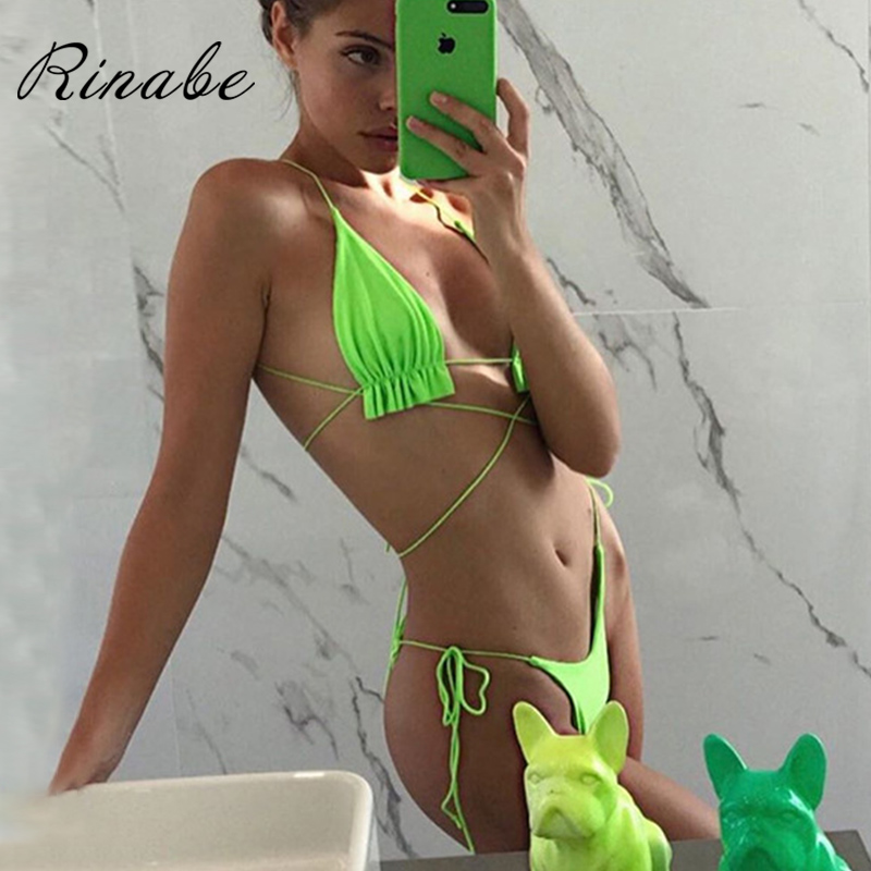 Rinabe Sexy Bikini Ruffle Swimsuit Women Deep V Neck Swimwear Solid Biquini 2020 String Bikini Set Bathing Suit Women Beackwear