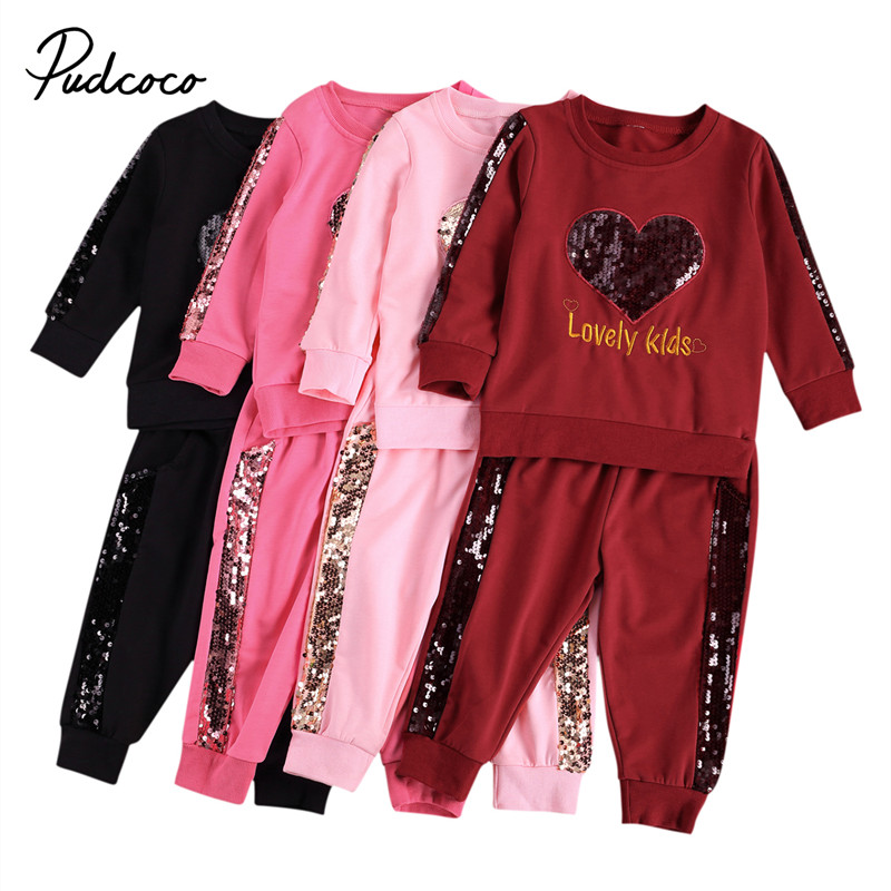 Kid Baby Girl Sequined Top Hoodie, Lace-up Pants, Round Collar Long Sleeves Heart Patchwork Top Side Pocket Jogger Trousers 1-6Y