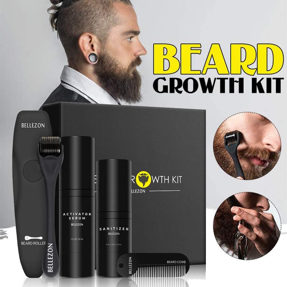 Bellezon 4Pcs/set Beard Growth Kit Hair Growth Enhancer Thicker Oil Nourishing Essence Leave-in Conditioner Beard Care with Comb