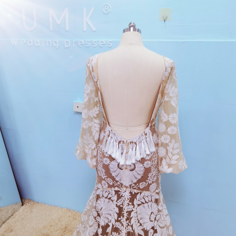 UMK Vestido de Noiva 2020 Vintage Boho Lace Wedding Dress Sexy Backless Long Lantern sleeve Beach Wedding Gowns