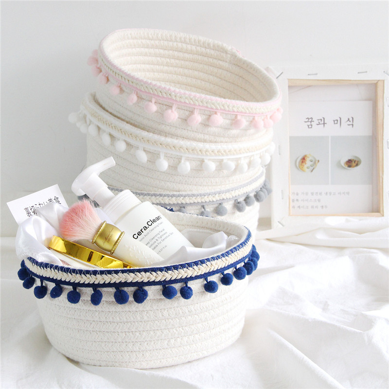 Cotton Rope Storage Baskets With Pompom Handmade Woven Dirty Clothes Laundry Basket Kids Toy Desktop Sundries Organizer Hamper