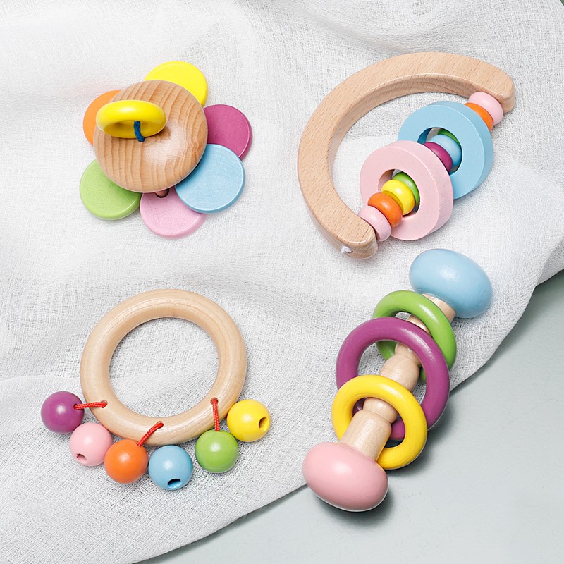 1PC Wooden Baby Rattles Toys Hand Teething Wooden Ring Musical Educational Instrument Colorful Toddlers Rattle Children Gift Toy