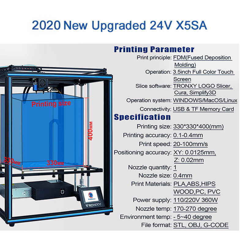 2020 Newest design Tronxy X5SA with touch screen Auto level DIY 3d Printer kit Full metal Large printing size