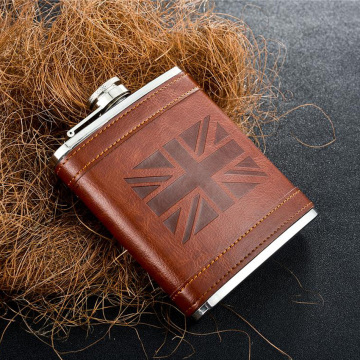 7OZ UK style stainless steel leather wrapped hip flask