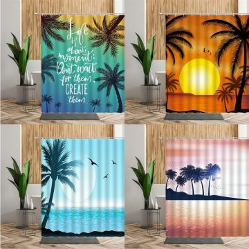 Tropical Plants Shower Curtain Coconut Tree Sunset Beach Scenery Bathroom Decor Waterproof Bath Screen Backdrop Fabric Curtains