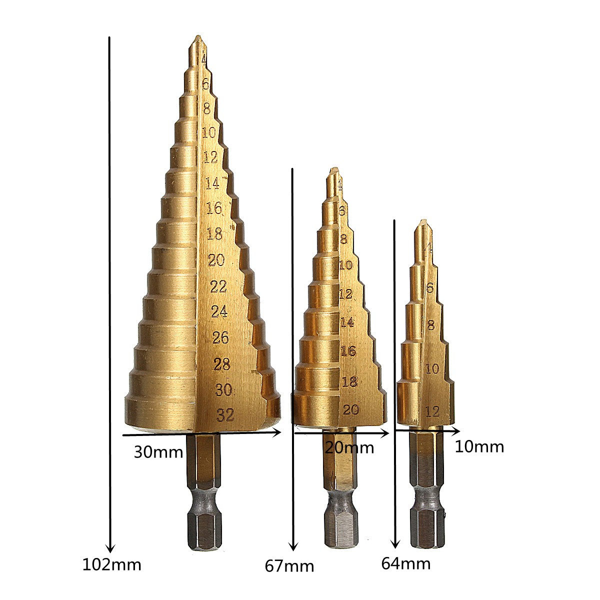 3pc Hss step drill bit set cone hole cutter Taper metric 4 - 12 / 20 / 32mm 1 / 4 " titanium coated metal hex core drill bits