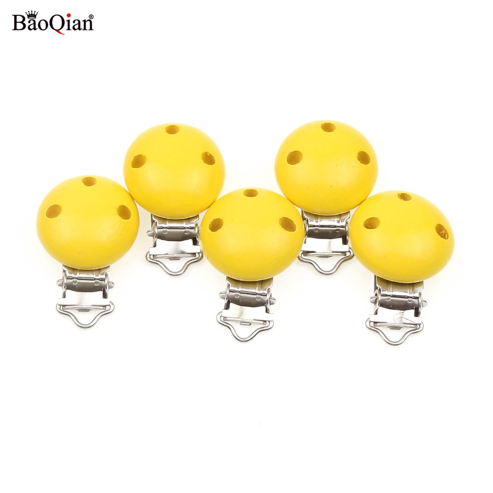 5pcs Yellow Baby Garment Clip Metal Wood Baby Clip Holders Round Shape Pacifier Clasps Suspender Garment Accessories 29*45mm