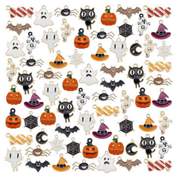 Julie Wang 18PCS Enamel Halloween Charms Mixed Candy Ghost Pumpkin Bat Spider Cat Hat Alloy Pendant Jewelry Making Accessory