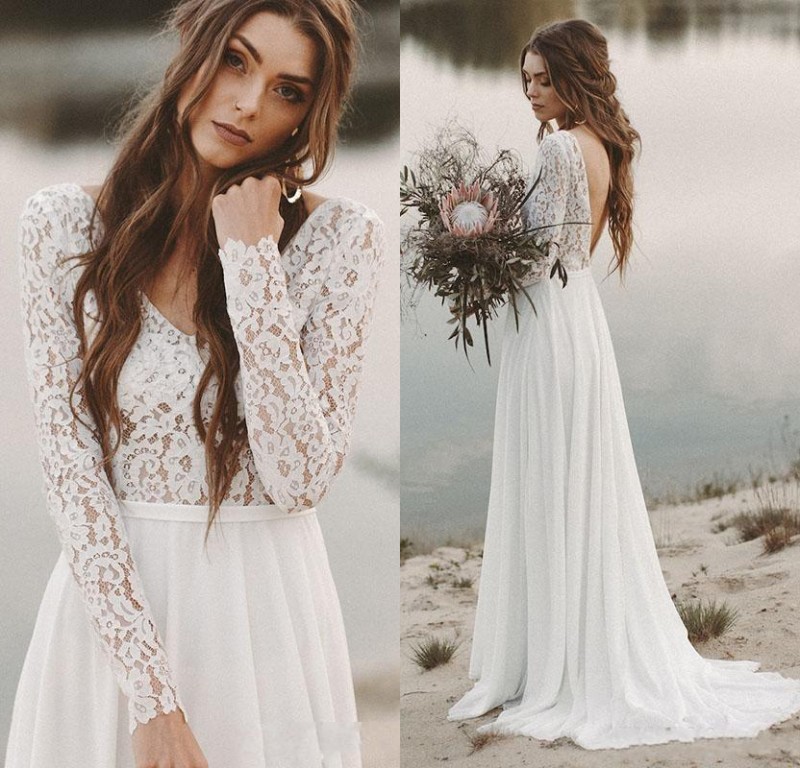 Long Sleeves Beach Wedding Dresses Backless Bridal Dress Chiffon and Lace V-neck Vestidos De Novia Beach Custom Made Ivory White