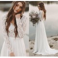 Long Sleeves Beach Wedding Dresses Backless Bridal Dress Chiffon and Lace V-neck Vestidos De Novia Beach Custom Made Ivory White