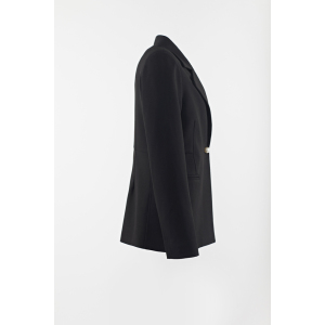 Black woven suit with pearl button