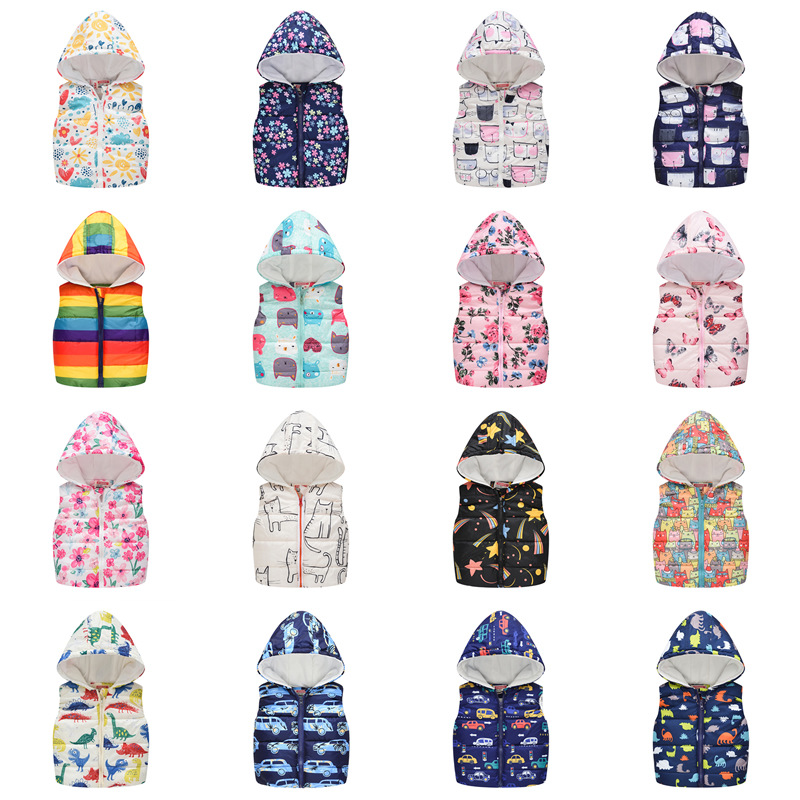 Kids Autumn Winter Sleeveless Hooded Vests Girls Boys Cartoon Printed Jackets Children Warm Tops Coat Cashmere Outwear