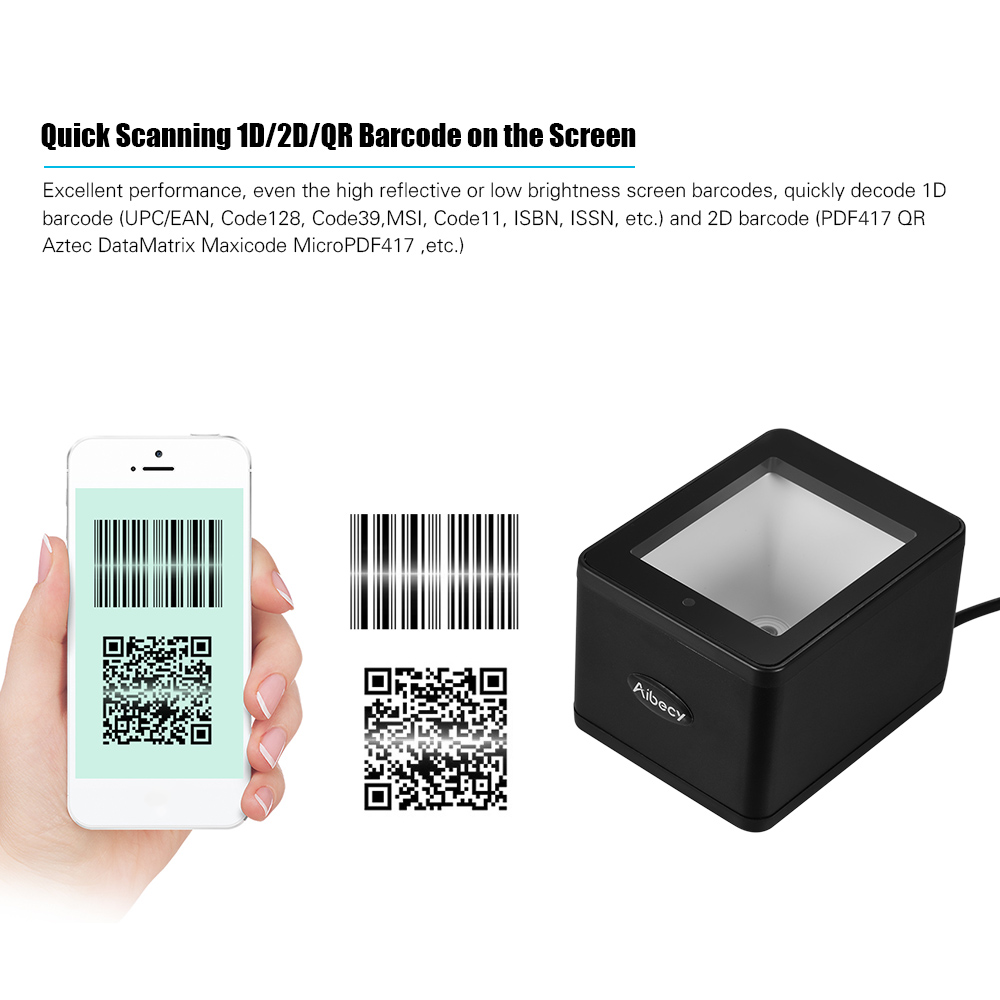 Aibecy YHD-9800 Desktop 1D/2D/QR Barcode Scanner USB Wired Bar Code Reader CMOS Image Hand-Free for Mobile Payment for POS shop