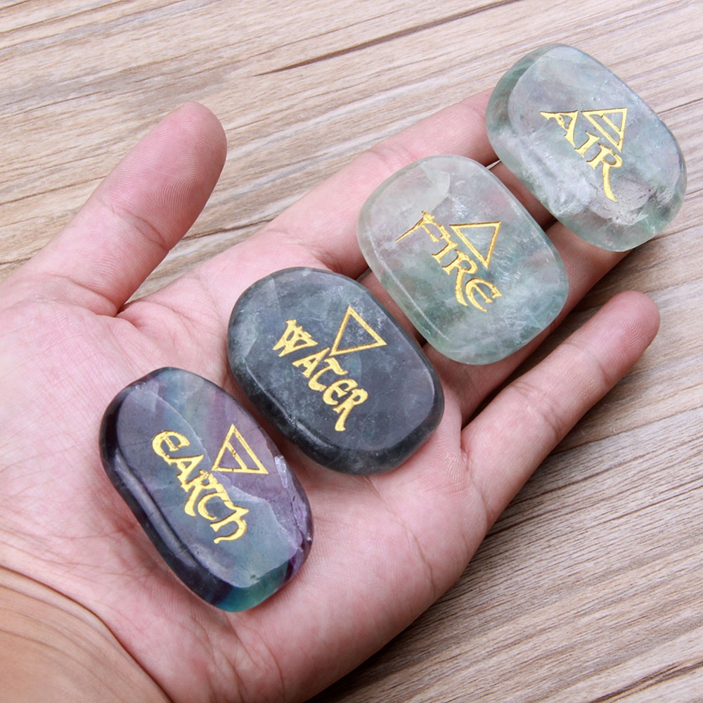 Natural Colorful Fluorite Palm Stones Crystal Engraved Element Symbols Reiki Healing Set Air Water Fire Earth 4pcs