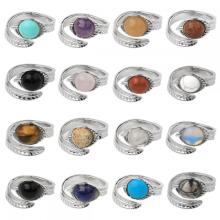 Gemstone 10MM CAB Round Beads Ring Natural Stone Quartz Feather Alloy Adjustable Rings for Women Men Anniversary Birthday Gift
